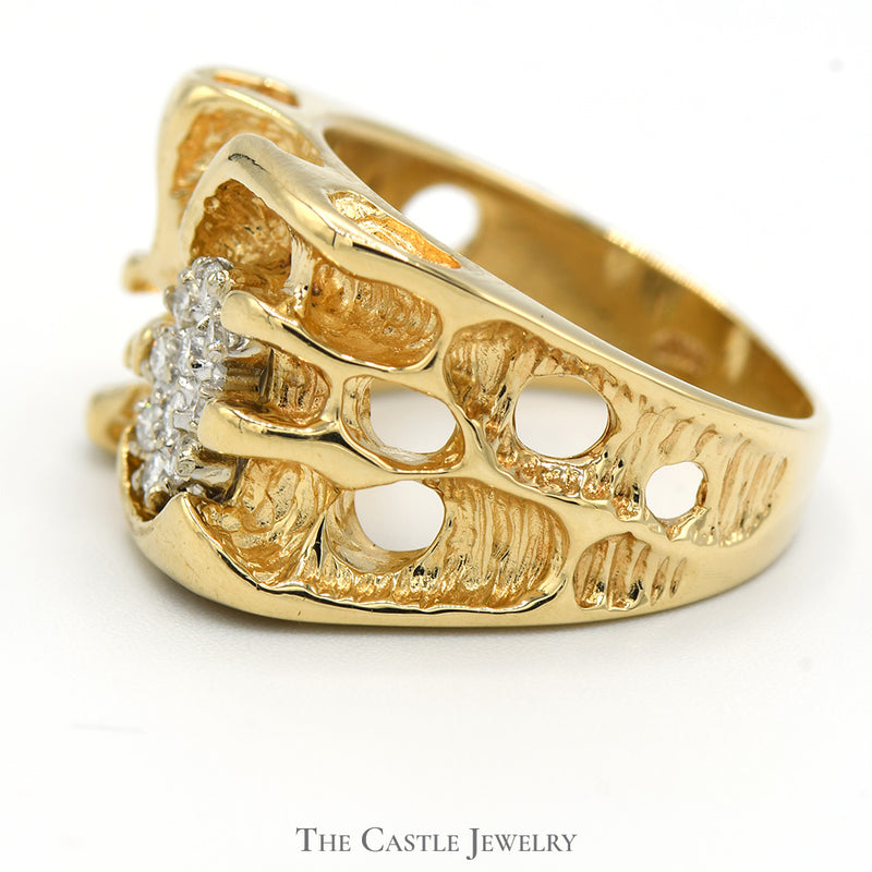 1/4cttw Oval Shaped Diamond Cluster Ring in Open Nugget Designed 14k Yellow Gold Mounting