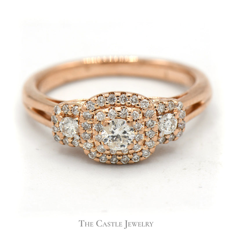 Three Stone Diamond Ring with Diamond Halo in 10k Rose Gold Split Shank Setting