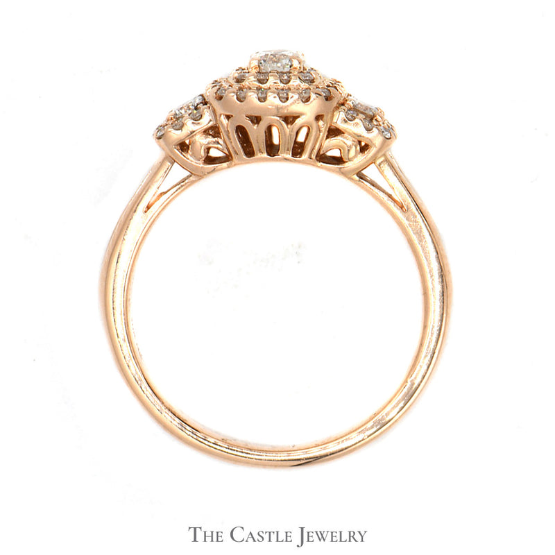 Three Stone Diamond Ring with Diamond Halo in 10k Rose Gold Split Shank Setting