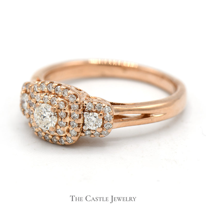 Three Stone Diamond Ring with Diamond Halo in 10k Rose Gold Split Shank Setting