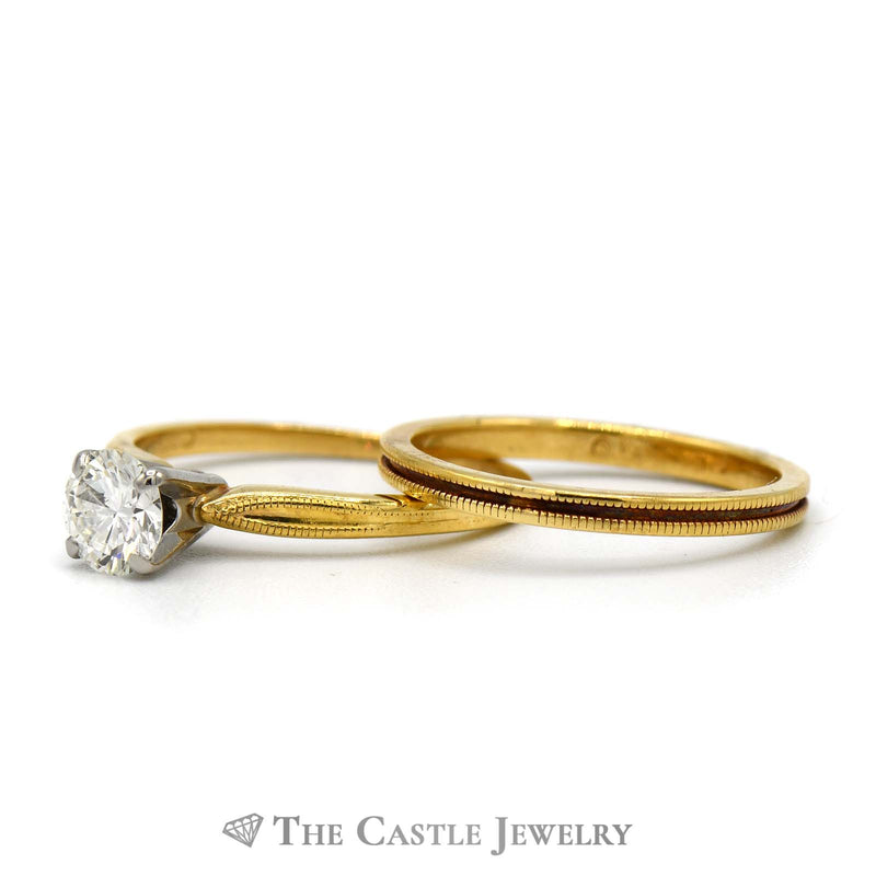 Round Brilliant Cut Diamond Ridged Engagement Ring and Wedding Band Bridal Set in 18k Yellow Gold