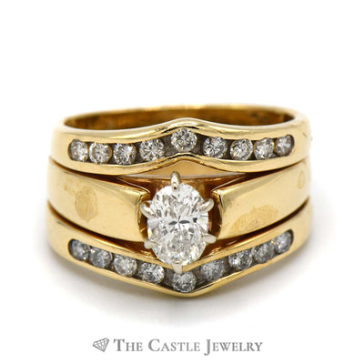 1cttw Oval Cut Diamond Solitaire Engagment Ring and Channel Set Diamond Soldered Insert Bridal Set in 14k Yellow Gold