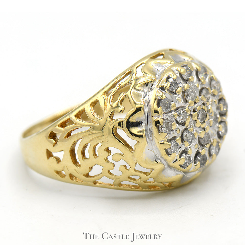 1/2cttw Kentucky Diamond Cluster Ring with Filigree Sides in 10k Yellow Gold