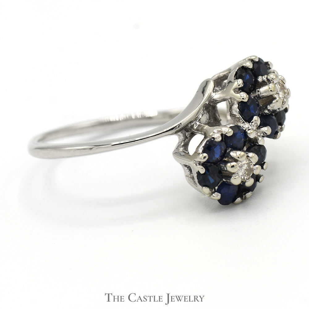 Double Sapphire Flower Cluster Ring with Diamond Accents in 14k White Gold