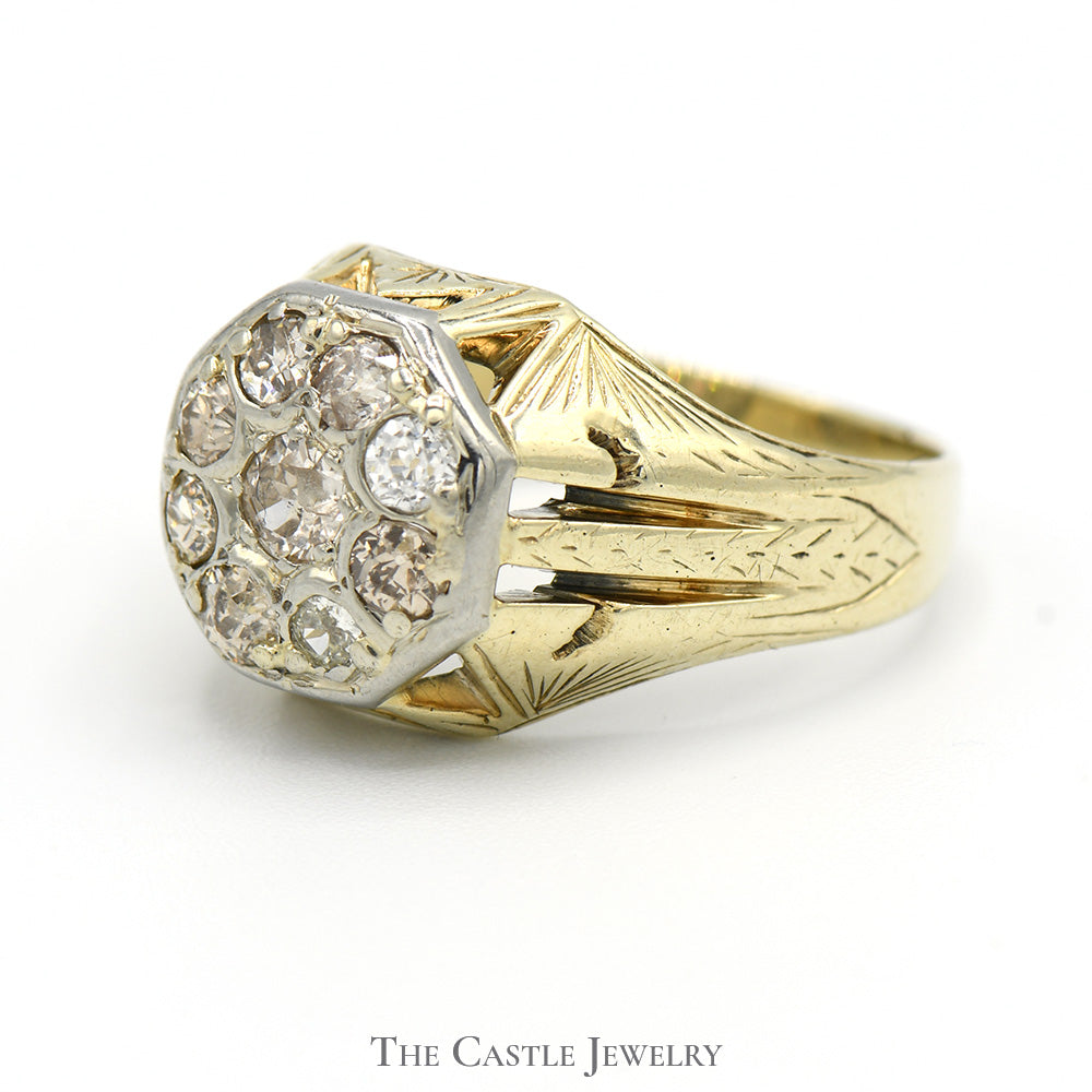 1cttw Old European Cut Diamond Cluster Ring with Antique Style Setting in 14k Yellow Gold