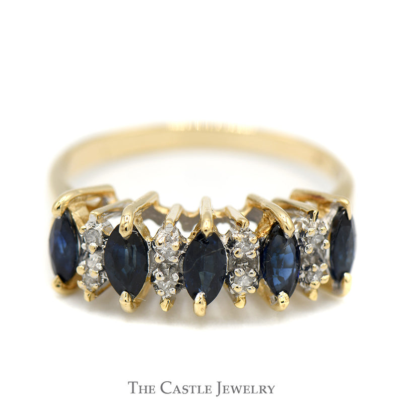 5 Marquise Sapphire Band with Diamond Accents in 14k Yellow Gold