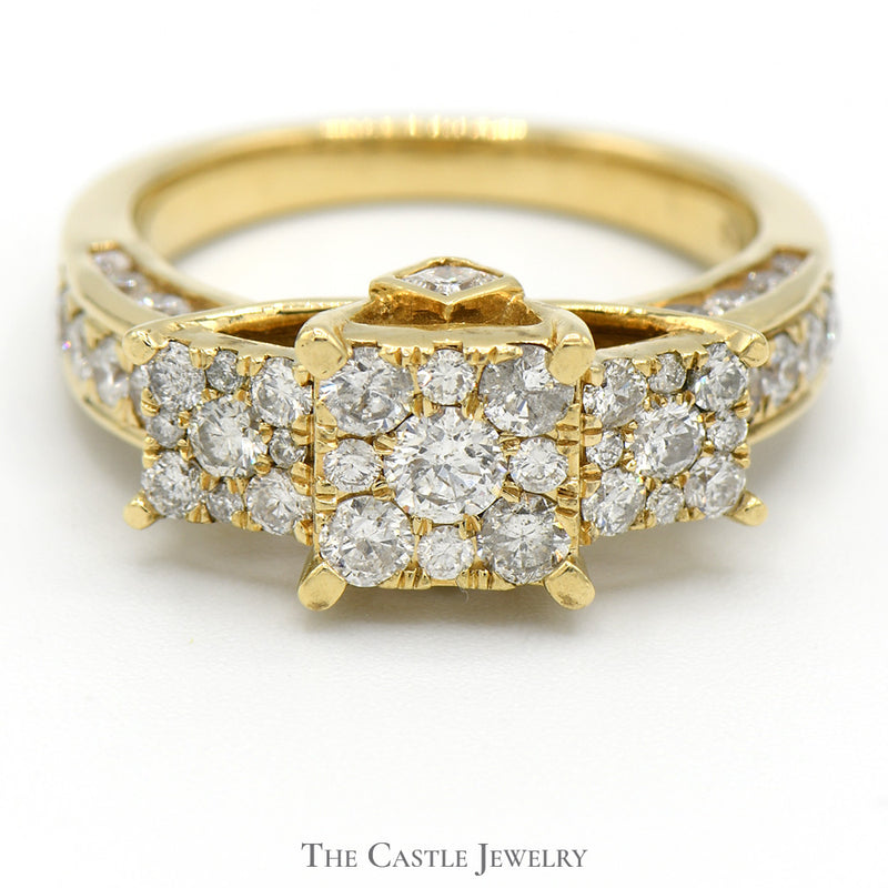Triple Diamond Cluster Engagement Ring with Diamond Accents in 10k Yellow Gold