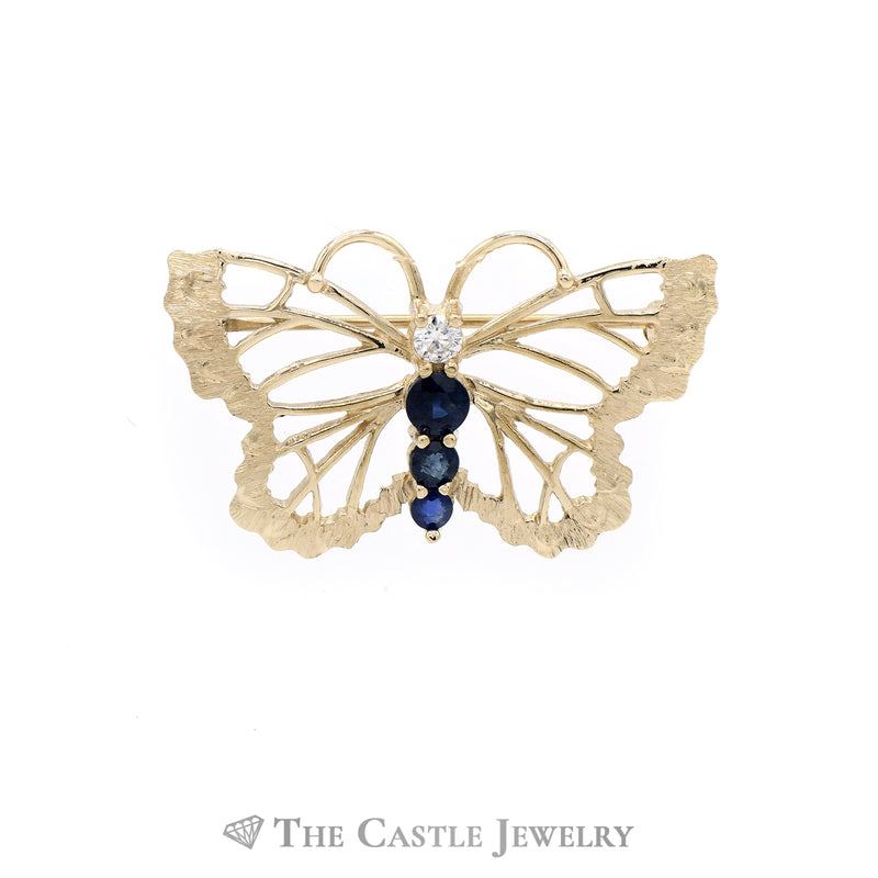 Round Diamond and Sapphire Butterfly Pin in 14KT Yellow Gold