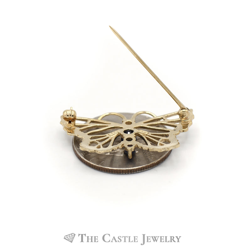 Round Diamond and Sapphire Butterfly Pin in 14KT Yellow Gold