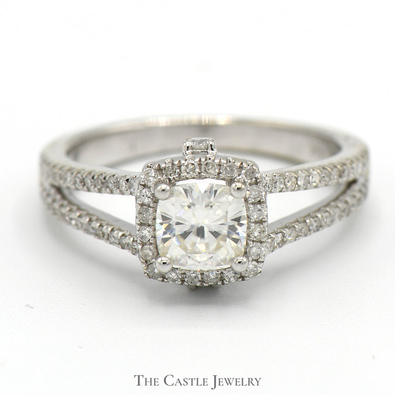 Moissanite Solitaire Engagement Ring with Diamond Accented Split Shank Sides in 14k White Gold