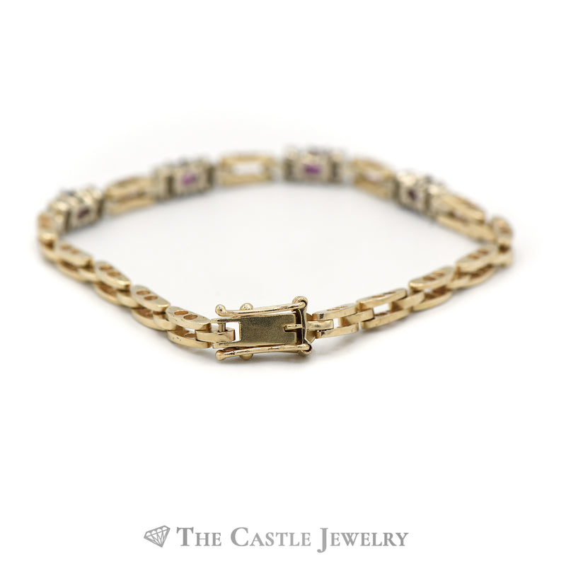 Ruby & Diamond Open Bar Link Bracelet in 14k Yellow Gold