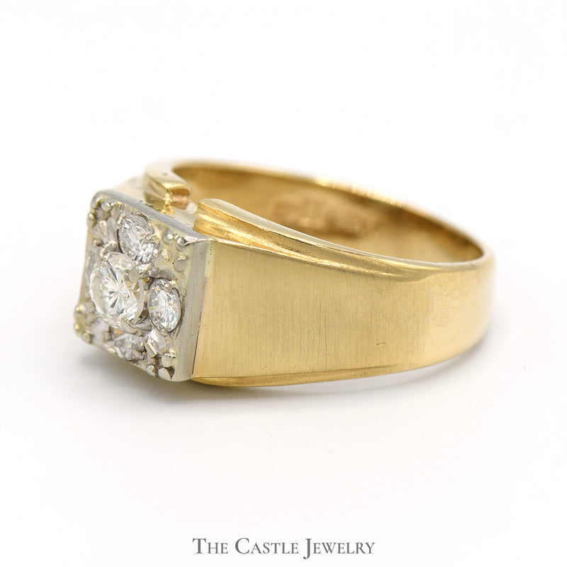 1cttw 5 Diamond Cluster Men's Ring in 14k Yellow Gold Brushed Mounting