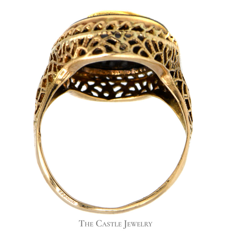 Onyx Shield Ring with Detailed Open Designed 10k Yellow Gold Mounting