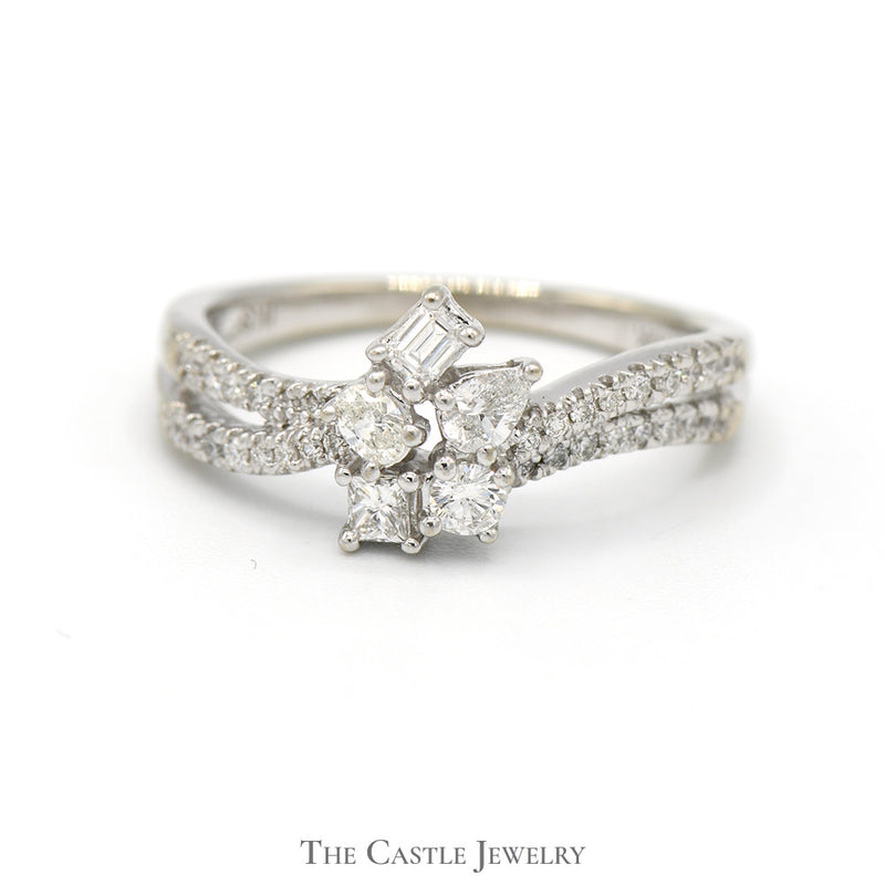 Multi Cut Diamond Cluster Ring with Diamond Accented Split Shank in 10k White Gold