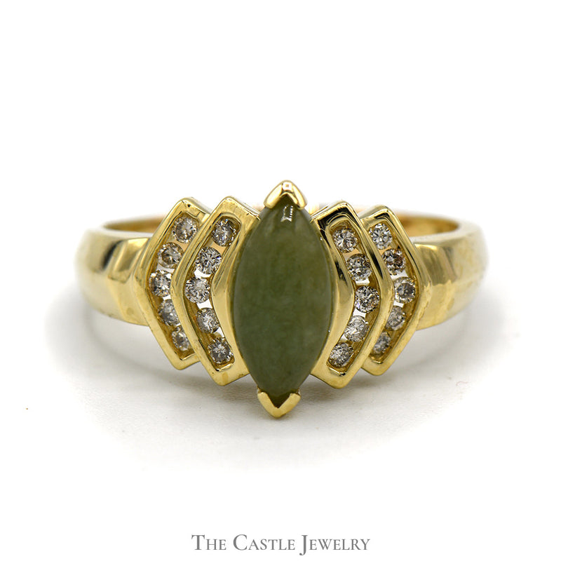 Marquise Shaped Jade Ring with Channel Set Diamond Accents in 14k Yellow Gold