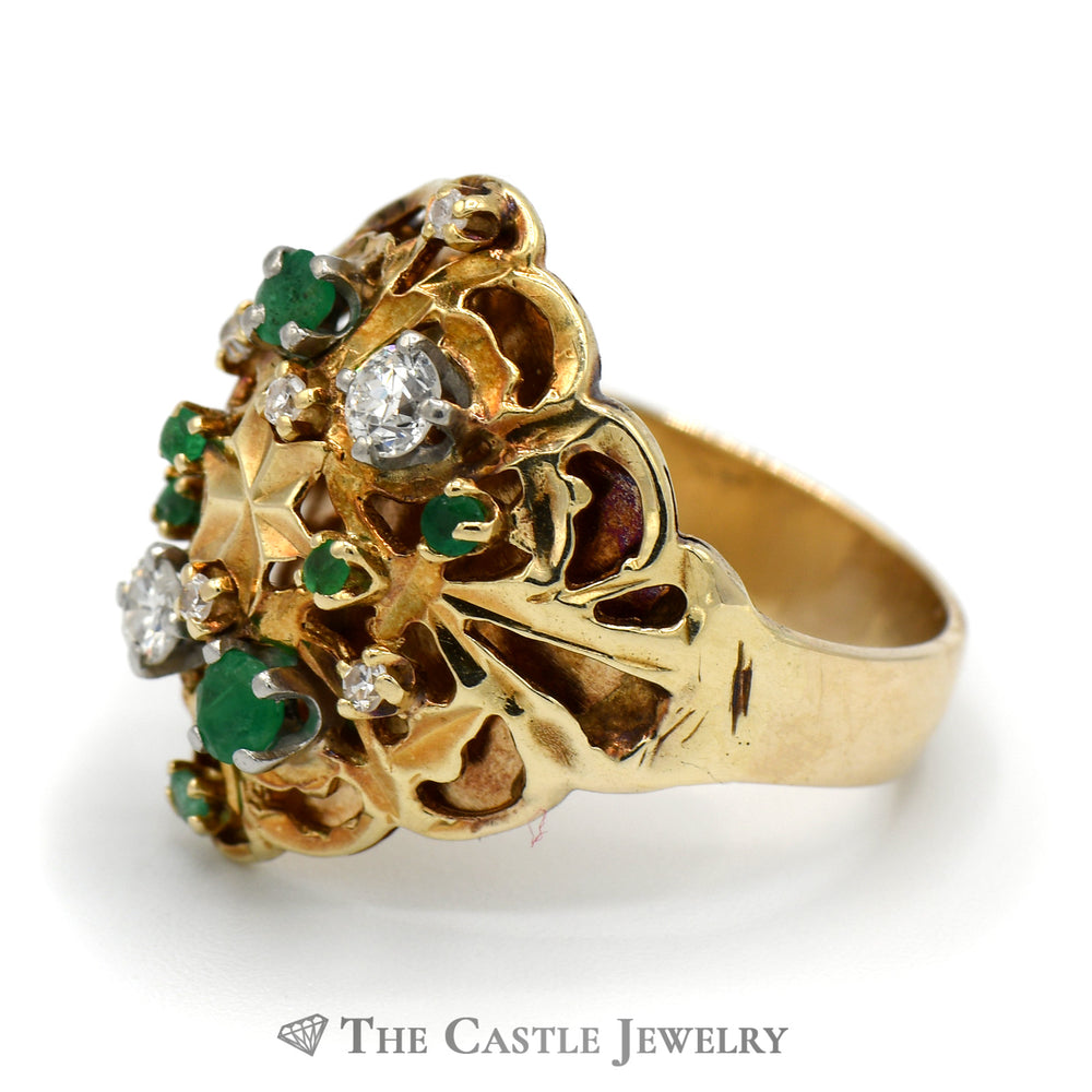 Emerald and Diamond Cluster Dome Ring with Star Design in 14k Yellow Gold