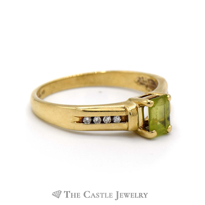 Emerald Cut Peridot Ring with Channel Set Diamond Accented Sides in 10k Yellow Gold