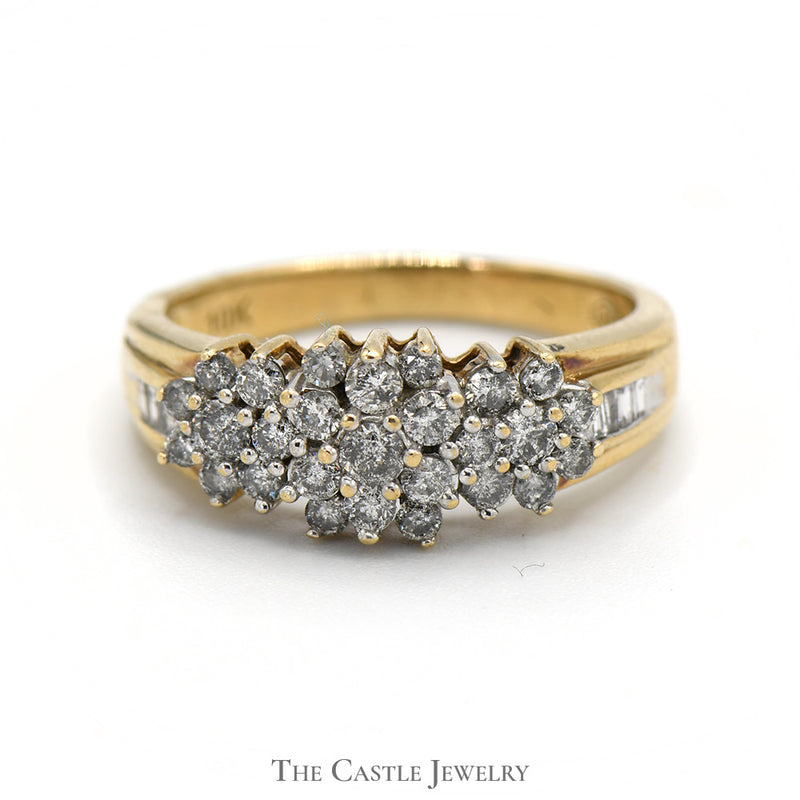 1/2cttw Diamond Cluster Ring with Baguette Diamond Accents in 10k Yellow Gold