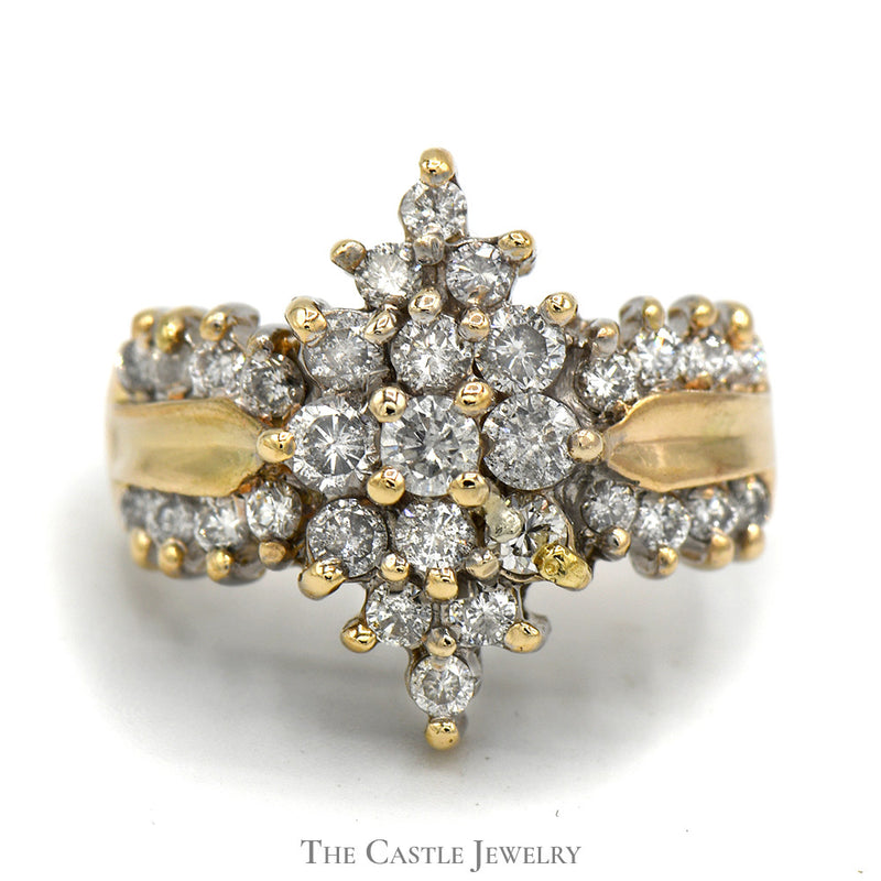 Marquise Shaped Diamond Cluster Ring in Diamond Accented Concaved 14k Yellow Gold Setting