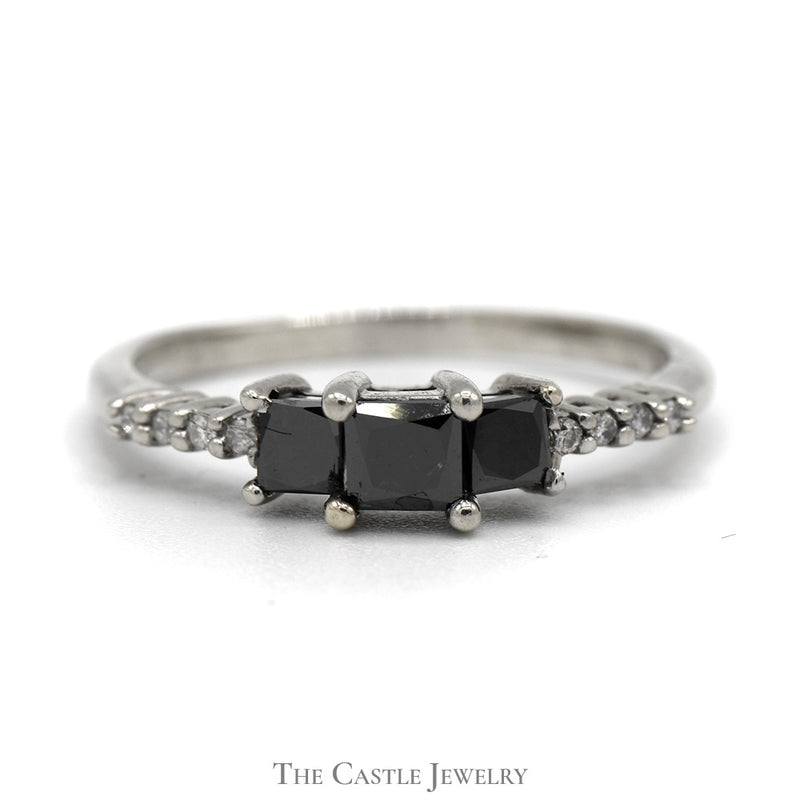 Princess Cut Black Diamond Three Stone Engagement Ring with White Diamond Accents in 10k White Gold