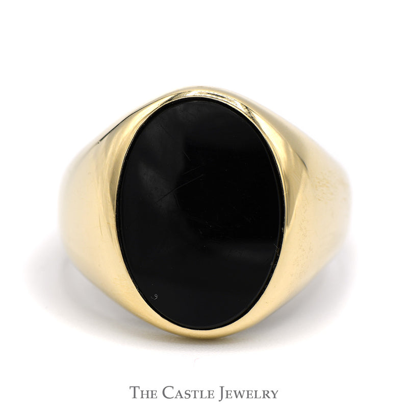 Oval Cut Black Onyx Signet Ring in 10k Yellow Gold Tapered Mounting