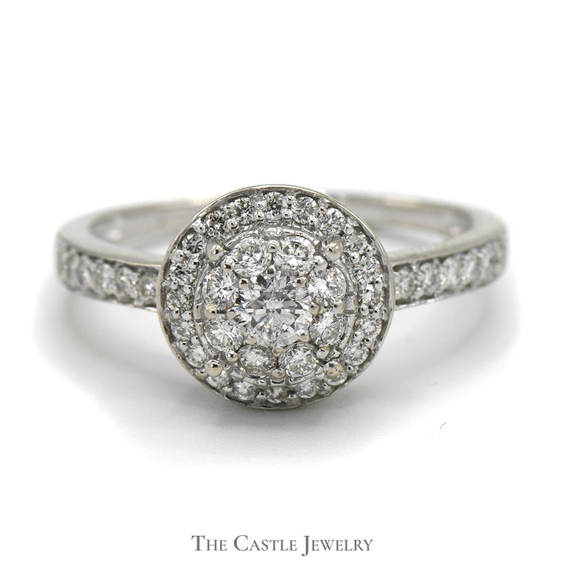Round Shaped Diamond Cluster Ring with Diamond Halo and Accents in 14k White Gold