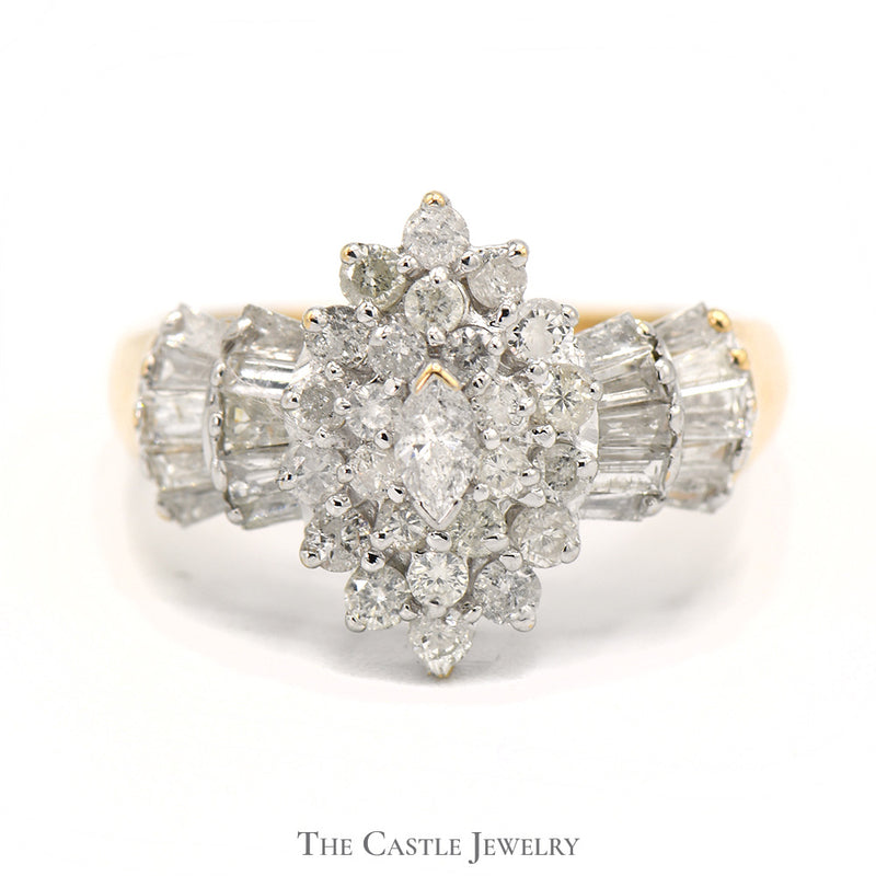 Marquise Shaped 1cttw Diamond Cluster Ring with Baguette Accents in 10k Yellow Gold