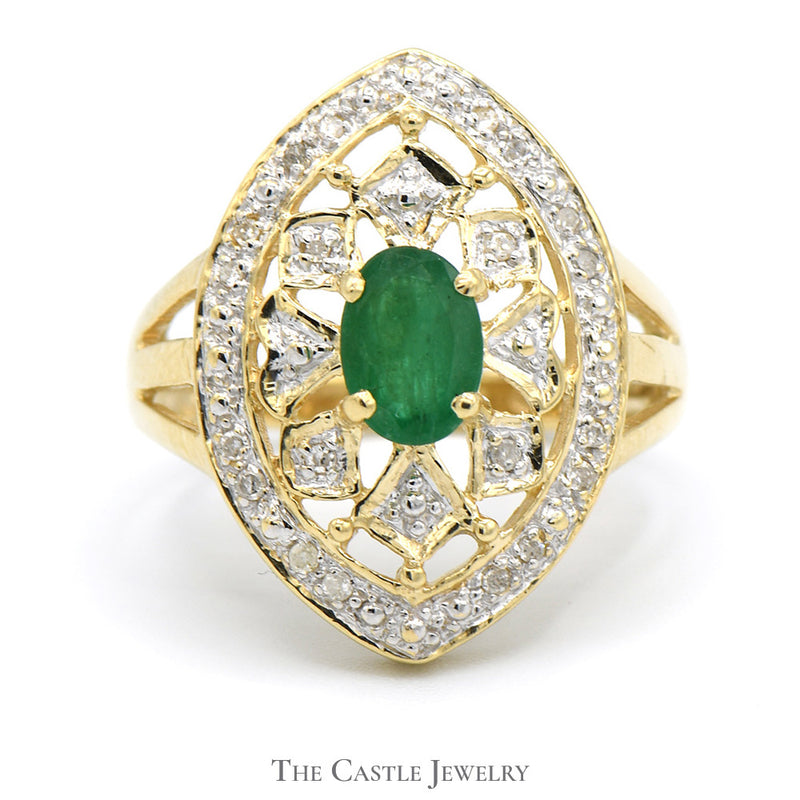 Oval Emerald Shield Ring with Diamond Cluster Accents in 10k Yellow Gold
