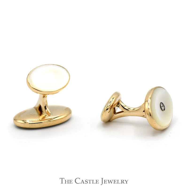 Oval Mother of Pearl Cufflinks with Bezel Set Diamond Accents in 14k Yellow Gold
