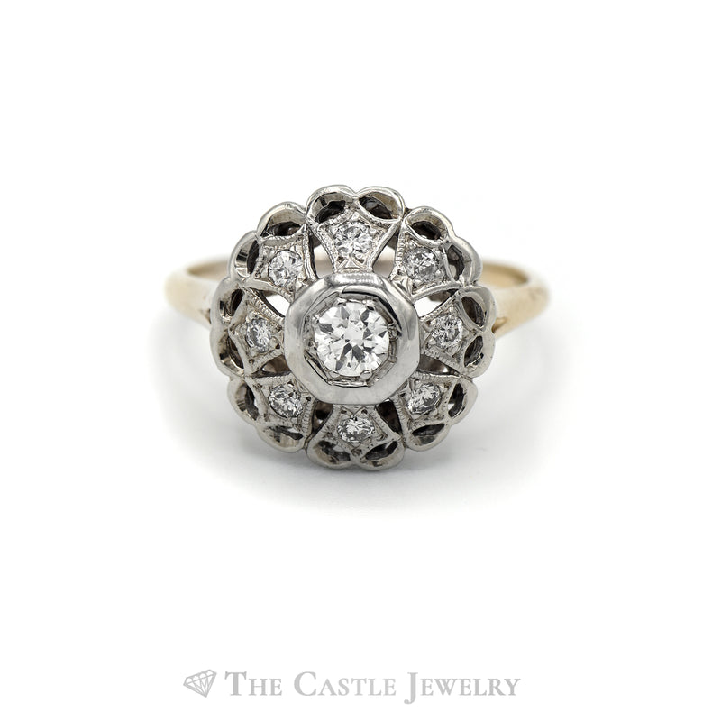 Ornate Open Flower Diamond Cluster Ring in 14k Yellow Gold