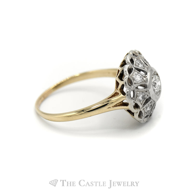 Ornate Open Flower Diamond Cluster Ring in 14k Yellow Gold