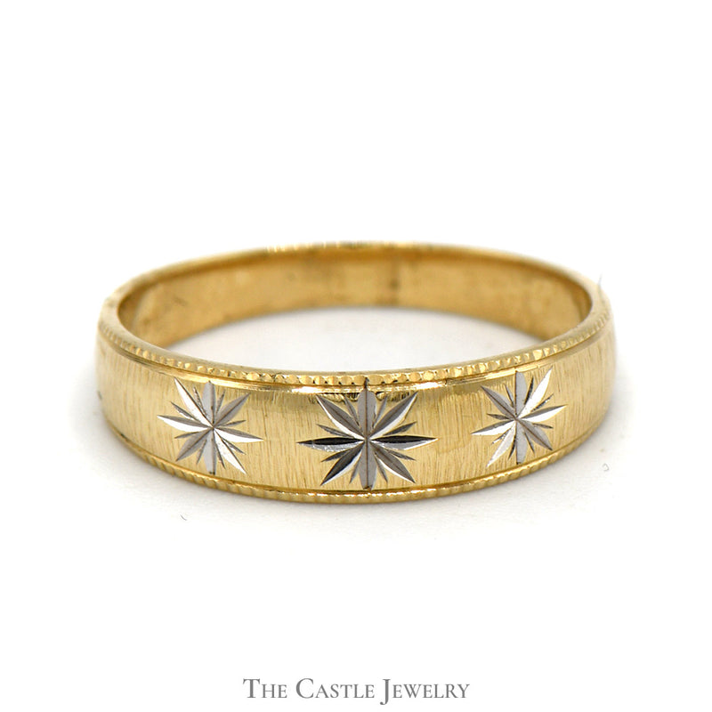 Two Tone Diamond Cut Triple Star Designed Band in 14k Gold