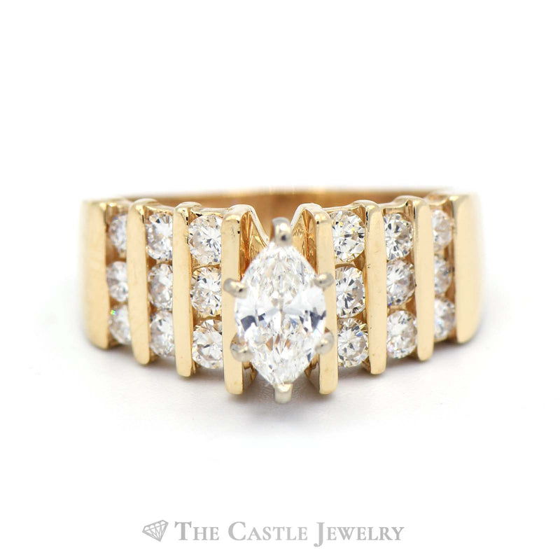 1.5cttw Marquise Diamond Engagement Ring with Round Diamond Columns in 14k Yellow Gold