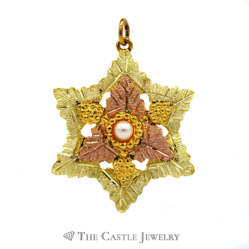 10k Two Tone Yellow and Rose Gold Snowflake Shaped Leaf Designed Pendant with Pearl Accent