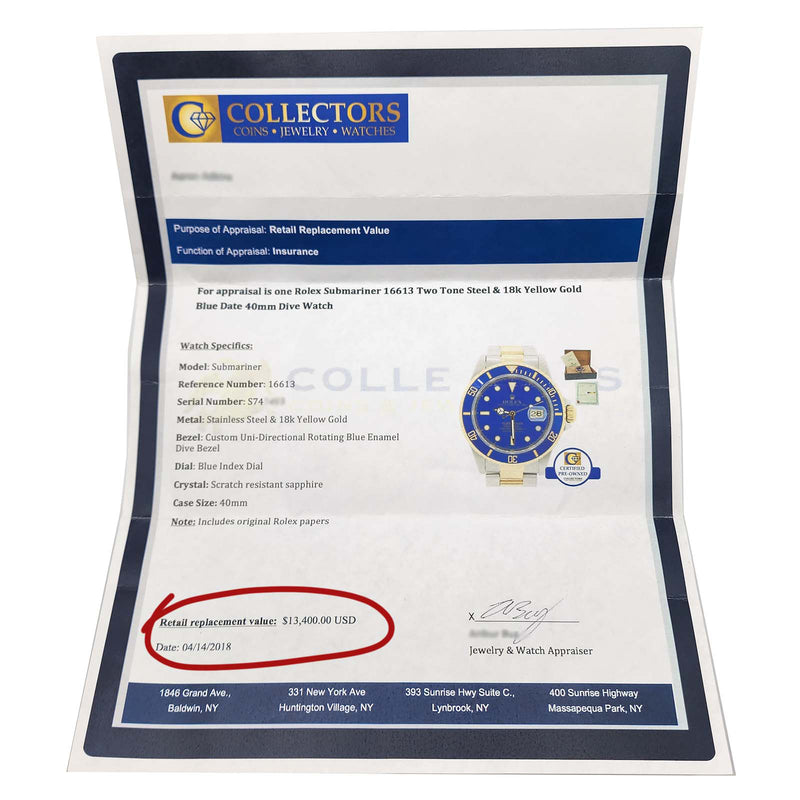 Quickset Rolex Submariner 16613 with Blue Dial and Two Tone 18k and Stainless Steel Oyster Band
