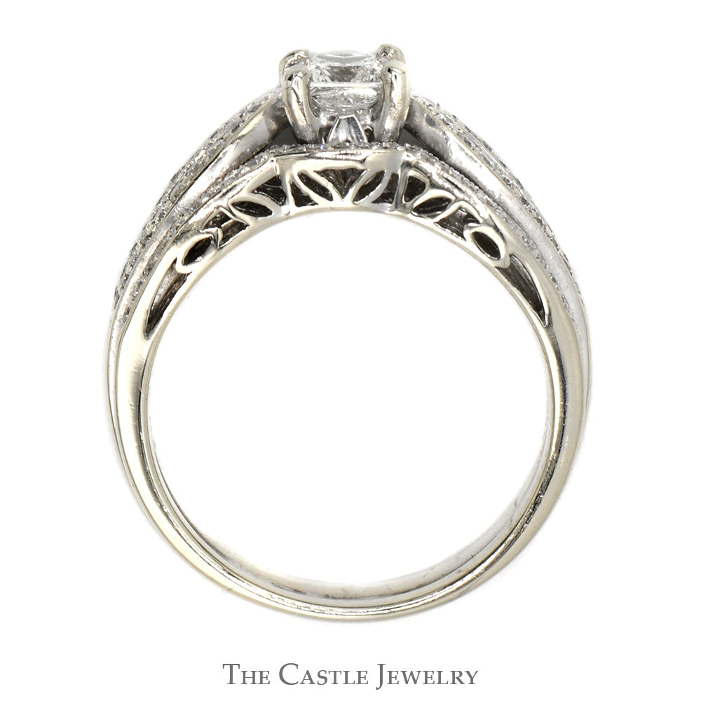 1cttw Princess Cut Diamond Solitaire Bridal Set with Accents and Matching Band in 14k White Gold