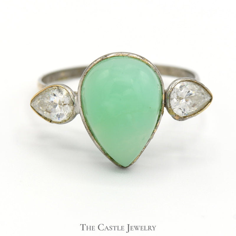 Bezel Set Pear Cut Jade Ring with Moissanite Accents in 14k White Gold