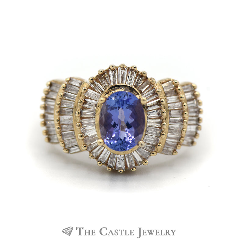 Oval Cut Tanzanite Ring with 1.5cttw Baguette Cut Diamond Halo & Accents