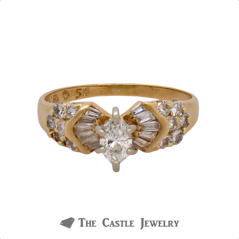 Oval Cut Diamond Engagement Ring with Round & Baguette Diamond Accents in 14k Yellow Gold