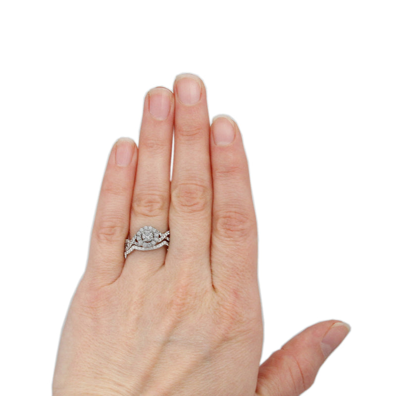 Crown Collection 1cttw Bridal Set Round Diamond Center w/ Diamond Bezel & Cross Over Sides