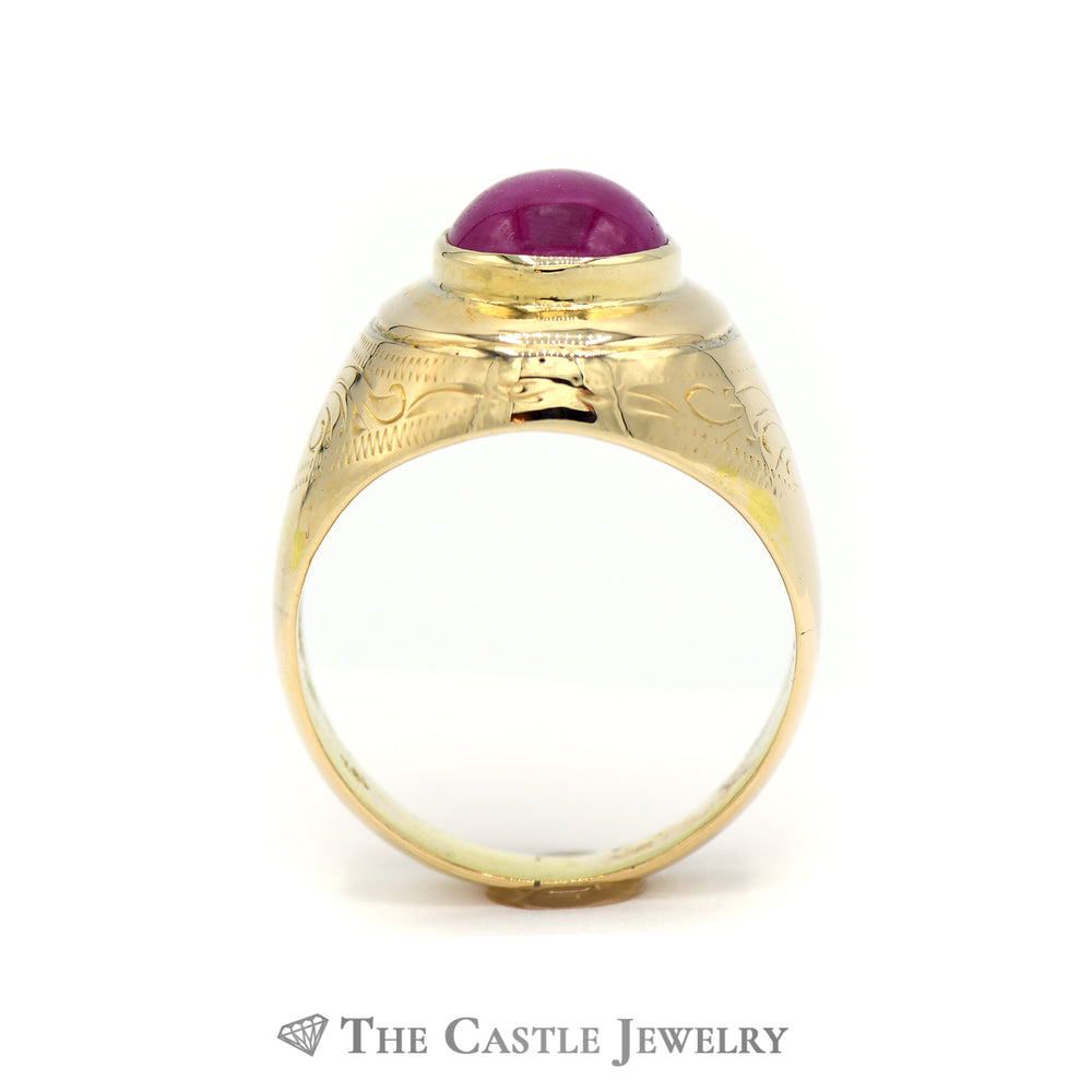 Bezel Set Oval Cabochon Ruby Ring in Etched 18k Yellow Gold Mounting