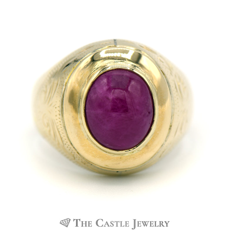 Bezel Set Oval Cabochon Ruby Ring in Etched 18k Yellow Gold Mounting