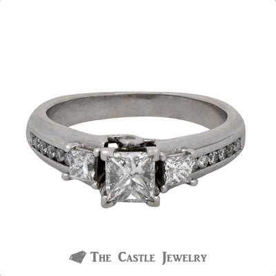 Princess Cut Three Stone Diamond Engagement Ring with Accents in a Cathedral Mounting