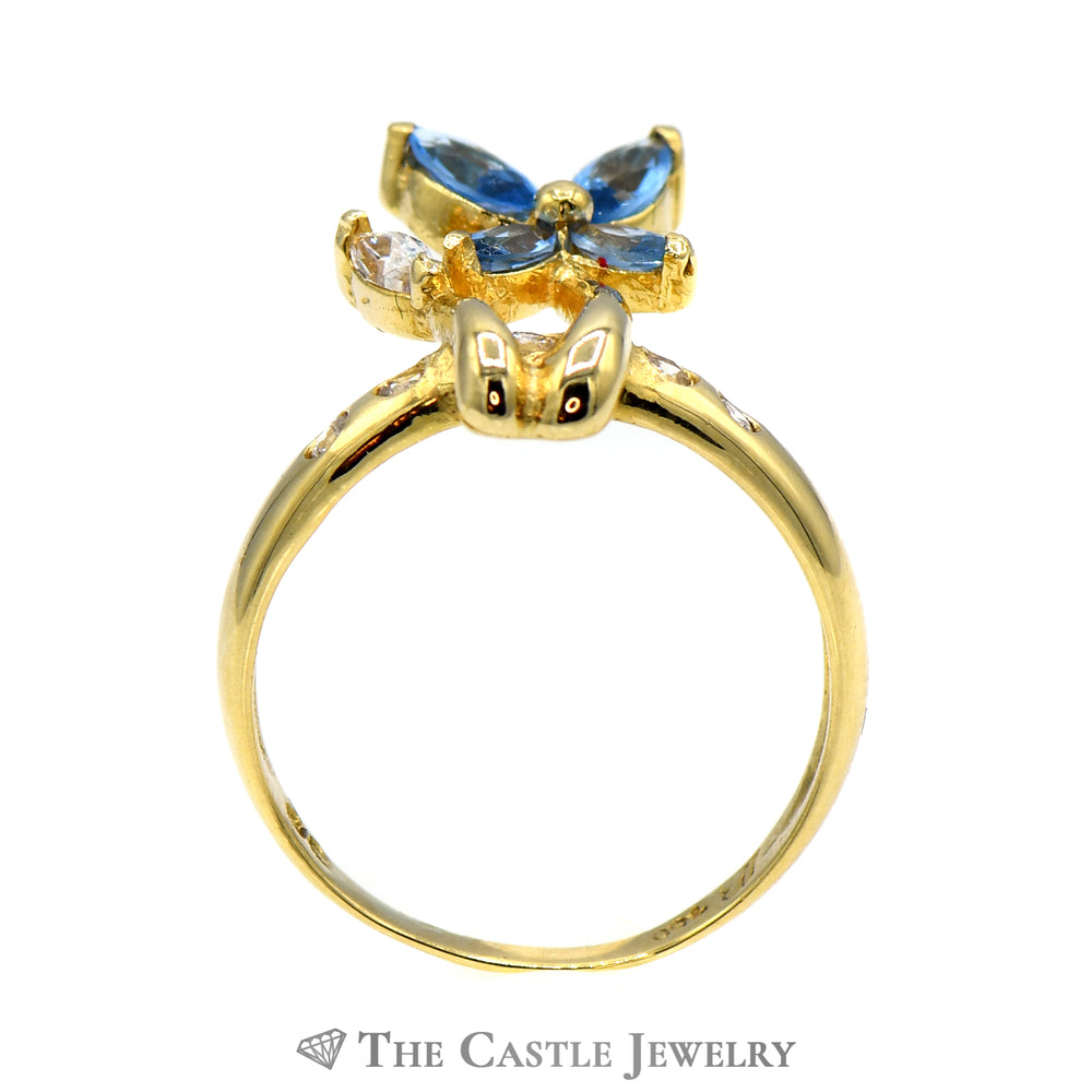 Blue Topaz & Cubic Zirconia Flower Designed Ring in 18k Yellow Gold