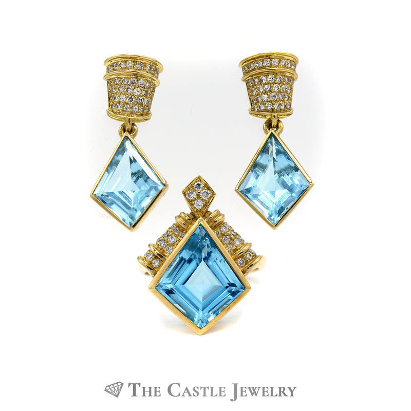 Topaz and Diamond Ring and Earing Set in 18 KT Yellow Gold