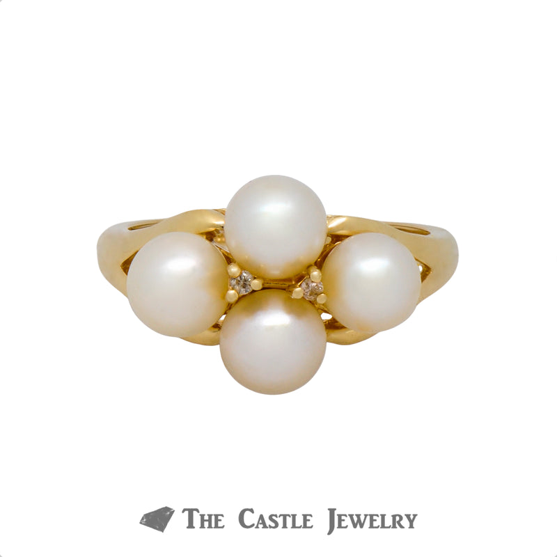 Quadruple 5.5mm Pearl Ring with Diamond Accents Crafted in 14k Yellow Gold