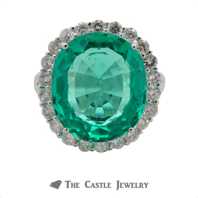 Synthetic Light Green Russian Green Beryl Ring with Diamond Halo