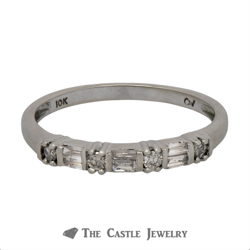 Baguette & Round Diamond Wedding Band in 10k White Gold