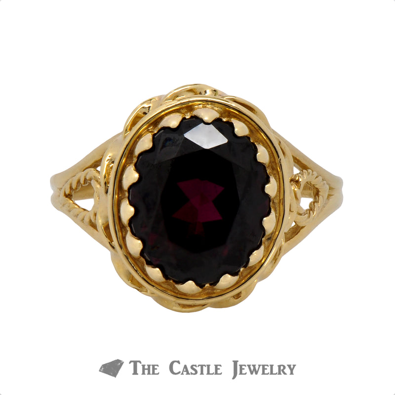 Oval Garnet Ring in Rope Design 10K Gold Mounting