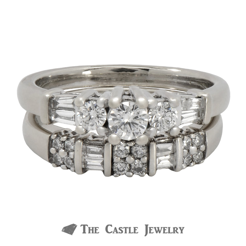 1 CTTW Round And Baguette Cut Diamond Bridal Set 14K White Gold